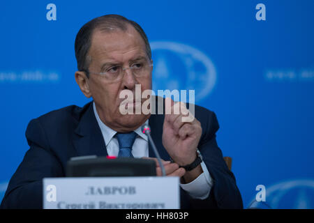 Moscow, Russia. 17th Jan, 2017. Russian Foreign Minister Sergey Lavrov attends his annual press conference in Moscow, Russia, Jan. 17, 2017. Moscow considered it appropriate to invite representatives of the new U.S. administration under Donald Trump to the upcoming intra-Syria talks in Kazakhstan's Astana, Russian Foreign Minister Sergey Lavrov said Tuesday at his annual press conference. Credit: Bai Xueqi/Xinhua/Alamy Live News Stock Photo
