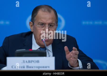 Moscow, Russia. 17th Jan, 2017. Russian Foreign Minister Sergey Lavrov speaks during his annual press conference in Moscow, Russia, Jan. 17, 2017. Moscow considered it appropriate to invite representatives of the new U.S. administration under Donald Trump to the upcoming intra-Syria talks in Kazakhstan's Astana, Russian Foreign Minister Sergey Lavrov said Tuesday at his annual press conference. Credit: Bai Xueqi/Xinhua/Alamy Live News Stock Photo