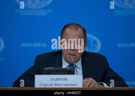 Moscow, Russia. 17th Jan, 2017. Russian Foreign Minister Sergey Lavrov speaks during his annual press conference in Moscow, Russia, Jan. 17, 2017. Moscow considered it appropriate to invite representatives of the new U.S. administration under Donald Trump to the upcoming intra-Syria talks in Kazakhstan's Astana, Russian Foreign Minister Sergey Lavrov said Tuesday at his annual press conference. Credit: Bai Xueqi/Xinhua/Alamy Live News Stock Photo