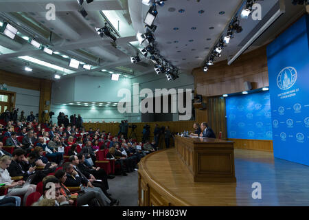 Moscow, Russia. 17th Jan, 2017. Russian Foreign Minister Sergey Lavrov attends his annual press conference in Moscow, Russia, Jan. 17, 2017. Moscow considered it appropriate to invite representatives of the new U.S. administration under Donald Trump to the upcoming intra-Syria talks in Kazakhstan's Astana, Russian Foreign Minister Sergey Lavrov said Tuesday at his annual press conference. Credit: Bai Xueqi/Xinhua/Alamy Live News Stock Photo