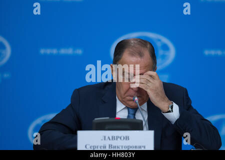 Moscow, Russia. 17th Jan, 2017. Russian Foreign Minister Sergey Lavrov attends his annual press conference in Moscow, Russia, Jan. 17, 2017. Moscow considered it appropriate to invite representatives of the new U.S. administration under Donald Trump to the upcoming intra-Syria talks in Kazakhstan's Astana, Russian Foreign Minister Sergey Lavrov said Tuesday at his annual press conference. Credit: Bai Xueqi/Xinhua/Alamy Live News Stock Photo