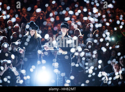 Berlin, Germany. 17th Jan, 2017. Actress Veruschka Graefin von Lehndorff (l) and Esther Perbandt standing on stage at the end of her show at Mercedes-Benz Fashion Week in Berlin, Germany, 17 January 2017. Credit: dpa picture alliance/Alamy Live News Stock Photo