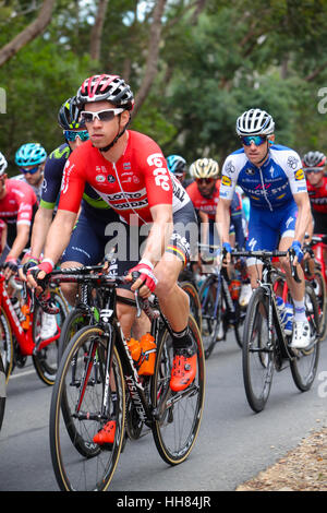 Adelaide, Australia. 18th January, 2017. Stage 2 Stirling to Paracombe, during the Santos Tour Down Under. Sean De Bie (Bel) of Lotto Soudal in the peleton at Longwood. Credit: Peter Mundy/Alamy Live News Stock Photo