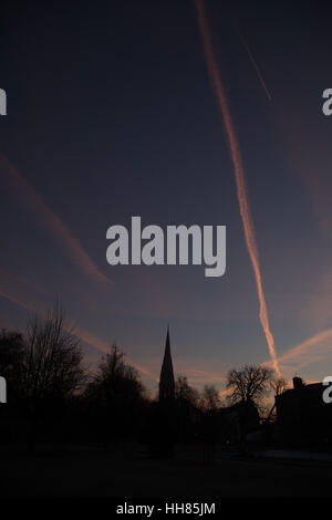 London, UK. 18th January, 2017. UK Weather. Beautiful dawn and early morning in Stoke Newington, London.  View of St Mary's Church  from Clissold Park. Credit: carol moir/Alamy Live News. Stock Photo