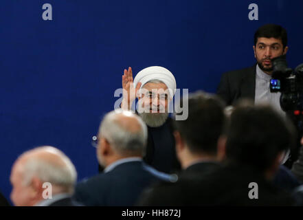 Theran, Iran. 17th Jan, 2017. Iranian President Hassan Rouhani waves to the media after a press conference in Tehran, Iran, on Jan. 17, 2017. Rouhani said Iran will not accept a review of its international nuclear deal, reported local media on Wednesday. The international nuclear deal, known as the Joint Comprehensive Plan of Action (JCPOA), resolved Tehran's decade-long controversial nuclear issue. Credit: Ahmad Halabisaz/Xinhua/Alamy Live News Stock Photo
