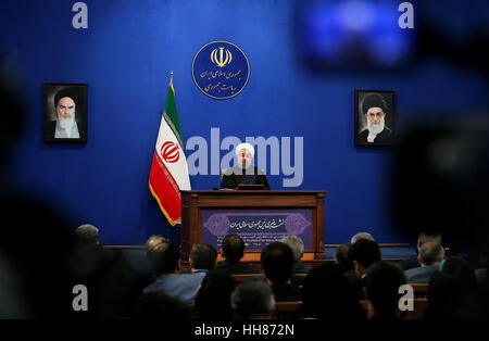 Theran, Iran. 17th Jan, 2017. Iranian President Hassan Rouhani speaks during a press conference in Tehran, Iran, on Jan. 17, 2017. Rouhani said Iran will not accept a review of its international nuclear deal, reported local media on Wednesday. The international nuclear deal, known as the Joint Comprehensive Plan of Action (JCPOA), resolved Tehran's decade-long controversial nuclear issue. Credit: Ahmad Halabisaz/Xinhua/Alamy Live News Stock Photo
