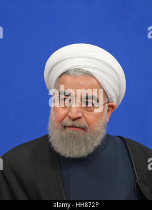 Theran, Iran. 17th Jan, 2017. Iranian President Hassan Rouhani attends a press conference in Tehran, Iran, on Jan. 17, 2017. Rouhani said Iran will not accept a review of its international nuclear deal, reported local media on Wednesday. The international nuclear deal, known as the Joint Comprehensive Plan of Action (JCPOA), resolved Tehran's decade-long controversial nuclear issue. Credit: Ahmad Halabisaz/Xinhua/Alamy Live News Stock Photo