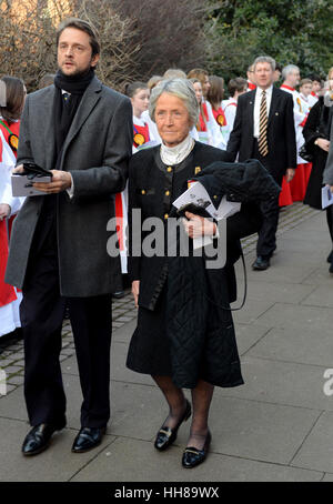 FILE PIC: Baroness Rachael Heyhoe Flint OBE whose death has been announced today. The former England ladies cricket captain and vice president of Wolverhampton Wanderers Football Club passed away after a short illness aged 77. Pictured with her son Ben Heyhoe-Flint at the Sir Jack Hayward funeral. Credit: David Bagnall/Alamy Live News Stock Photo