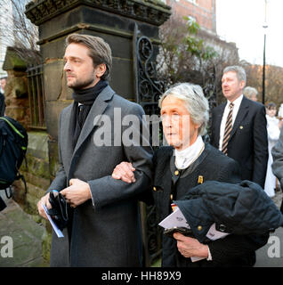FILE PIC: Baroness Rachael Heyhoe Flint OBE whose death has been announced today. The former England ladies cricket captain and vice president of Wolverhampton Wanderers Football Club passed away after a short illness aged 77. Pictured with her son Ben Heyhoe-Flint at the Sir Jack Hayward funeral. Credit: David Bagnall/Alamy Live News Stock Photo