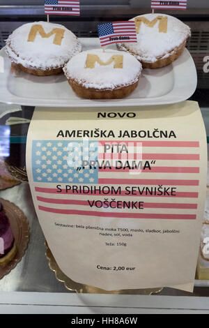 At the Coffee shop Kruhek in Sevnica, Slovenia, an Apple pie made with local apples dedicated to the first lady Melania Trump, is seen ahead of the inauguration of USA President Donald Trump Stock Photo