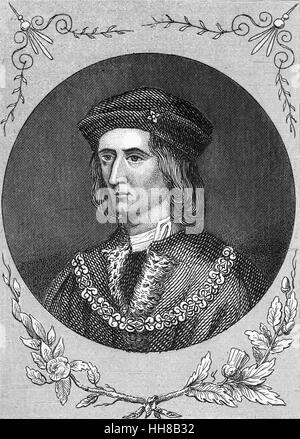 Richard III (1452 – 1485) was King of England from 1483 until his death in 1485, at the age of 32, in the Battle of Bosworth Field. He was the last king of the House of York and the last of the Plantagenet dynasty. His defeat at Bosworth Field was the last decisive battle of the Wars of the Roses and marked the end of the Middle Ages in England. Stock Photo