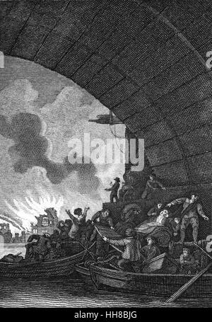 A view from the River Thames of the Great Fire of London, a major conflagration that swept through the central parts of the English city of London from Sunday, 2 September to Wednesday, 5 September 1666. Stock Photo