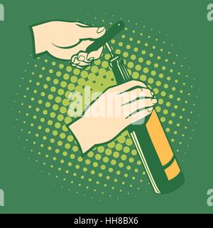 Opener bottles, hand holds corkscrew. Pop art retro style Stock Vector