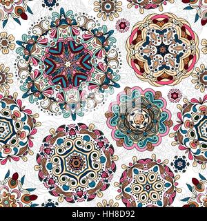 Ethnic pattern in pastel color with stylized flowers, leaves and circular shapes with Kazakh, Turkish, Uzbek motifs Seamless vector texture for print, spring summer fashion, wallpaper, fabric, textile Stock Vector
