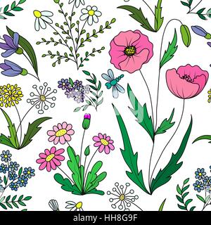 Beautiful vintage seamless pattern with colorful wild spring flowers on a white background. Wild spring poppy, daisy, dandelion, forget-me. Vector illustration. Pink green yellow white blue. Stock Vector