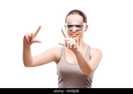 Techno girl pressing virtual button isolated on white Stock Photo