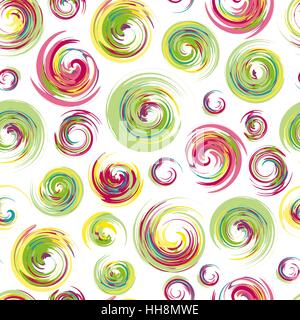 Dry brush hand drawn sketch artsy background, seamless pattern in bright happy  colours, messy grunge brush strokes, circles and swirls on white background. Stock Vector