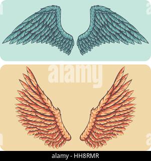 Cartoon style layered vector illustration set - naturalistic bright colored spread wings. Stock Vector