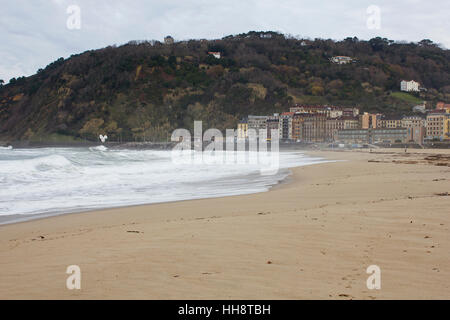 Donostia beach shore covered with waves. (Guipuzcoa, Basque country, Spain). Stock Photo