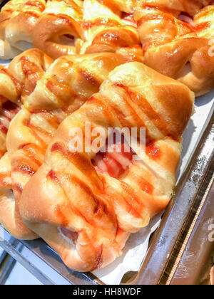 Closed up Sausage bread in the bakery shop Stock Photo