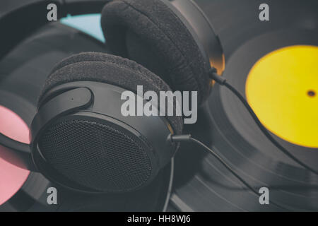 Vinyl records and headphones. Close up. Stock Photo