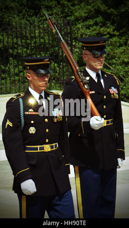 Tomb Guard Sentinels during changing of the guard ceremony at the tomb of the unknown soldier at Arlington Cemetery, Washington. Stock Photo