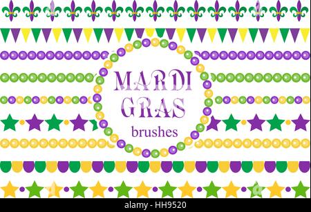 Mardi Gras borders set . Cute beads, fleur de lis ornaments, garland. Isolated on white background. Vector illustration. Stock Vector