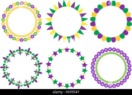 Mardi Gras frame set. Cute round border with space for text. Isolated on white background. Vector illustration. Stock Vector