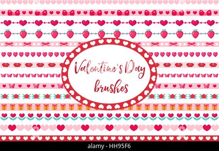 Valentines Day borders set. Cute heart, flowers ornament. Isolated on white background. Vector illustration. Stock Vector