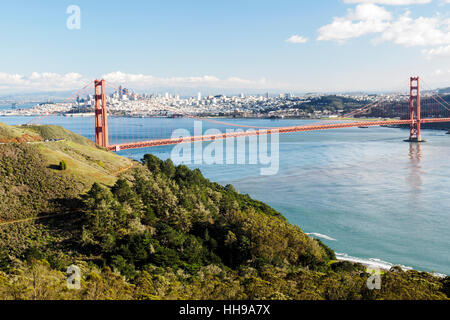 Classic view of the Golden Gate Bridge, San Francisco and San Francisco bay from  Conzelman Road viewpoints. Stock Photo