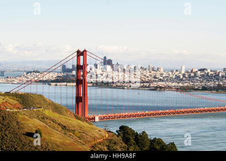 Classic view of the Golden Gate Bridge, San Francisco and San Francisco bay from  Conzelman Road viewpoints. Stock Photo