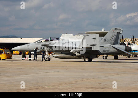 US Navy F/A-18F Super Hornet from VFA-32 at the 100-years-Aeronavale airshow on Hyeres airbase. Stock Photo