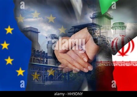 Double exposure of handshake, Power Reactor, flag of European Union and flag of Iran Stock Photo