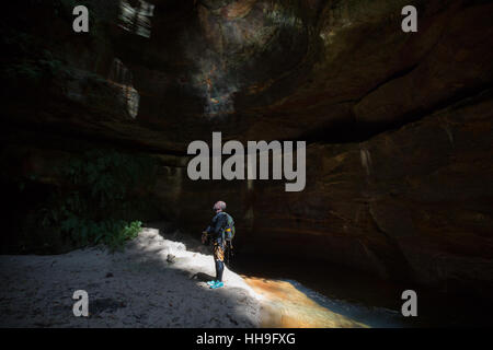 Adventure canyoning in claustral canyon in the Blue Mountains, Australia Stock Photo