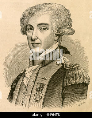 Antique c1890 engraving, Marie-Joseph Paul Yves Roch Gilbert du Motier, Marquis de Lafayette (1757-1834), in the U.S. often known simply as Lafayette, was a French aristocrat and military officer who fought in the American Revolutionary War. SOURCE: ORIGINAL ENGRAVING. Stock Photo