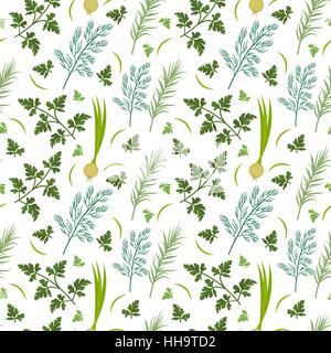 Herbs seamless pattern. Parsley, dill, razmarin endless background, texture. Vegetable backdrop. Vector illustration. Stock Vector