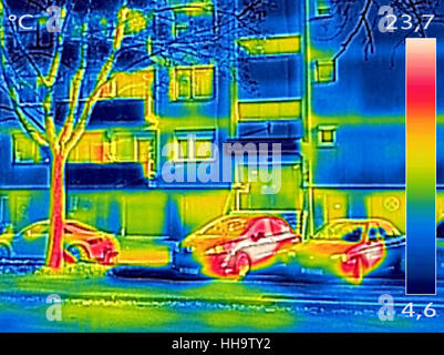 Thermal image showing parked cars in front of the apartment building Stock Photo