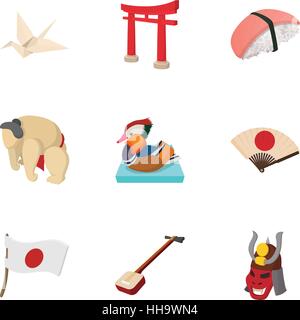 Attractions of Japan icons set, cartoon style Stock Vector