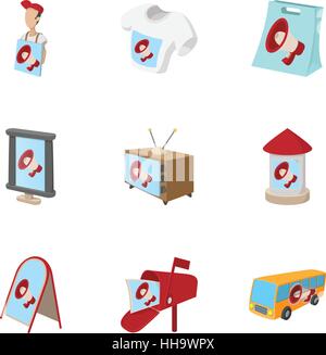 Advertising icons set, cartoon style Stock Vector