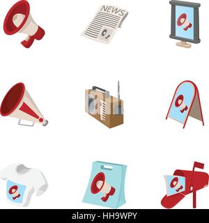 Types of advertising icons set, cartoon style Stock Vector