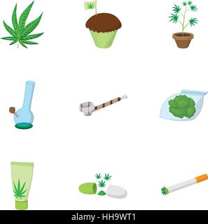 Marijuana icons set, cartoon style Stock Vector
