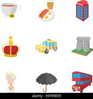 Holiday in United Kingdom icons set, cartoon style Stock Vector