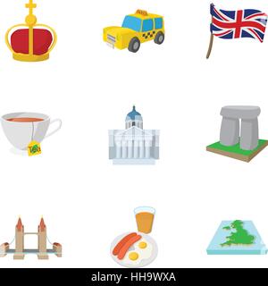 Tourism in United Kingdom icons set, cartoon style Stock Vector