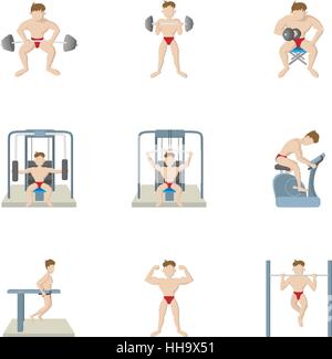Training in gym icons set, cartoon style Stock Vector