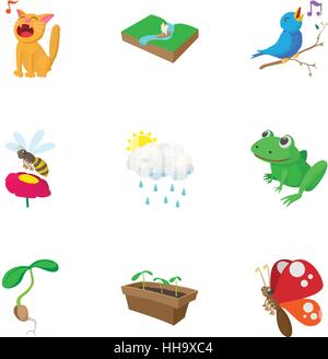 Spring icons set, cartoon style Stock Vector