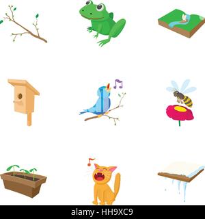 Season spring icons set, cartoon style Stock Vector