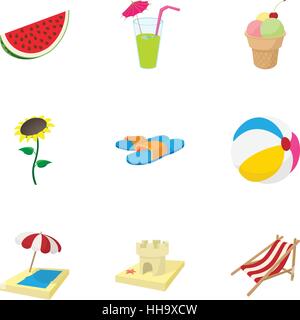 Beach vacation icons set, cartoon style Stock Vector