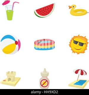 Sandy beach icons set, cartoon style Stock Vector