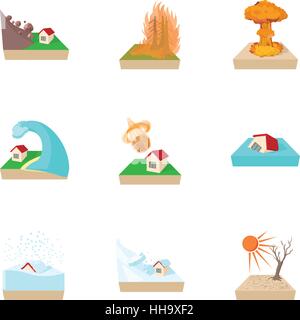 Natural catastrophe icons set, cartoon style Stock Vector