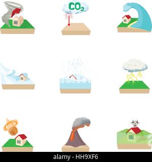 Disaster icons set, cartoon style Stock Vector